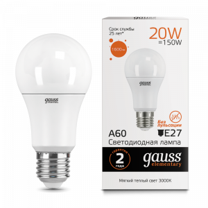 Лампа светодиодная Gauss Elementary A60 20W E27 3000K 1/10/40