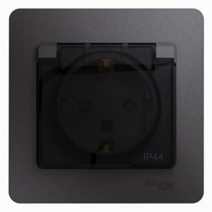 Розетка 1-м 16А С/У З/К со шторками с крышкой в сборе с рамкой IP44 Графит Glossa