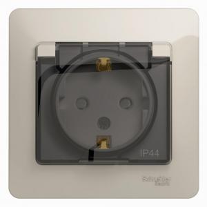 Розетка 1-м 16А С/У З/К со шторкой с крышкой в сборе с рамкой IP44 Молочный Glossa