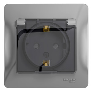 Розетка 1-м 16А С/У З/К со шторками с крышкой в сборе с рамкой IP44 Алюминий Glossa