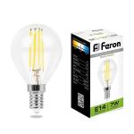 Лампа сд Е14 G45  7W 4000К филамент шар прозрач.LB-52 Feron