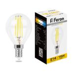 Лампа сд Е14 G45  15W 2700К филамент шар прозрач.LB-515 Feron